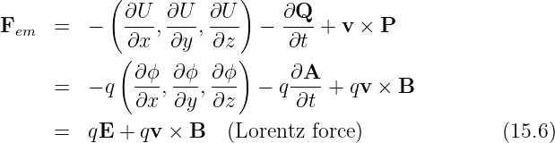            (              )
             ∂U-- ∂U--∂U--    ∂Q--
Fem   =  -   ∂x , ∂y , ∂z   -  ∂t + v × P
             (           )
              ∂-ϕ ∂-ϕ ∂-ϕ      ∂A--
      =  - q  ∂x ,∂y , ∂z  -  q∂t  + qv × B

      =  qE  + qv × B   (Lorentz force)              (15.6)
